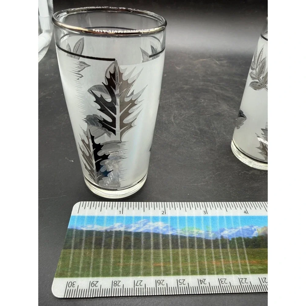 Vintage Libbey Frosted Silver Leaf Highball Glasses‎ Mid Century Modern Set of 2